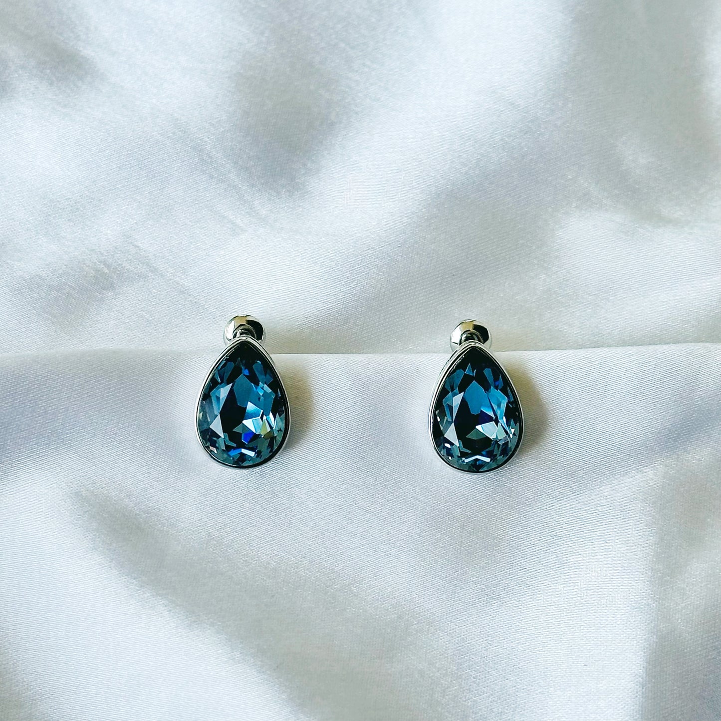 Dark Indigo Blue Swarovski Crystal Silver Plated Stud Earrings