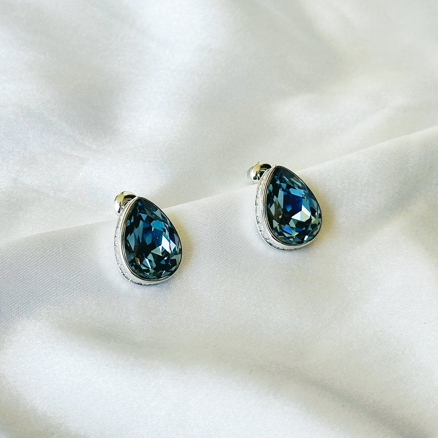 Dark Indigo Blue Swarovski Crystal Silver Plated Stud Earrings