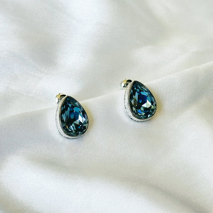 Dark Indigo Blue Swarovski Crystal Silver Plated Stud Earrings