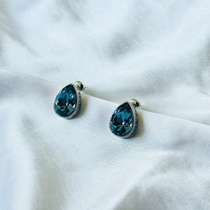 Dark Indigo Blue Swarovski Crystal Silver Plated Stud Earrings