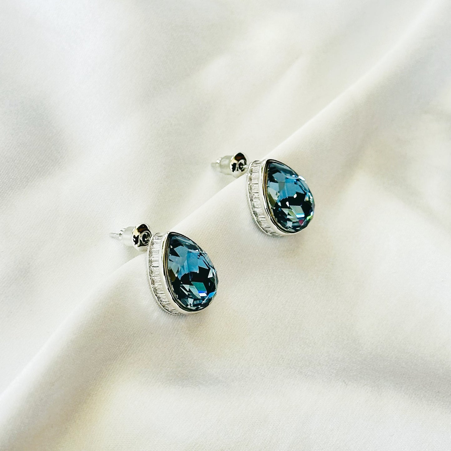 Dark Indigo Blue Swarovski Crystal Silver Plated Stud Earrings