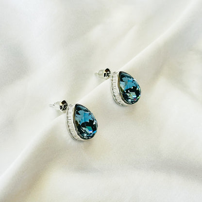 Dark Indigo Blue Swarovski Crystal Silver Plated Stud Earrings
