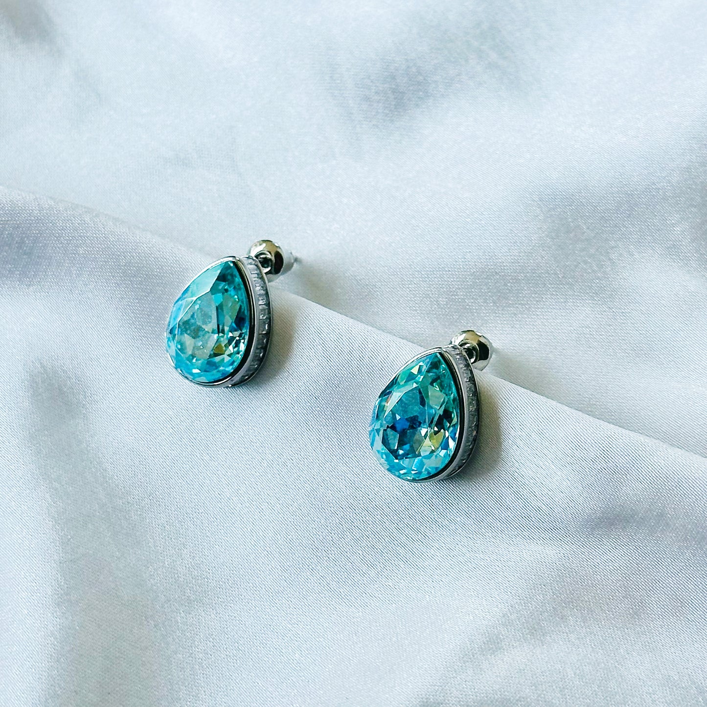 Aqua Blue Indicolite Swarovski Crystal Silver Plated Stud Earrings