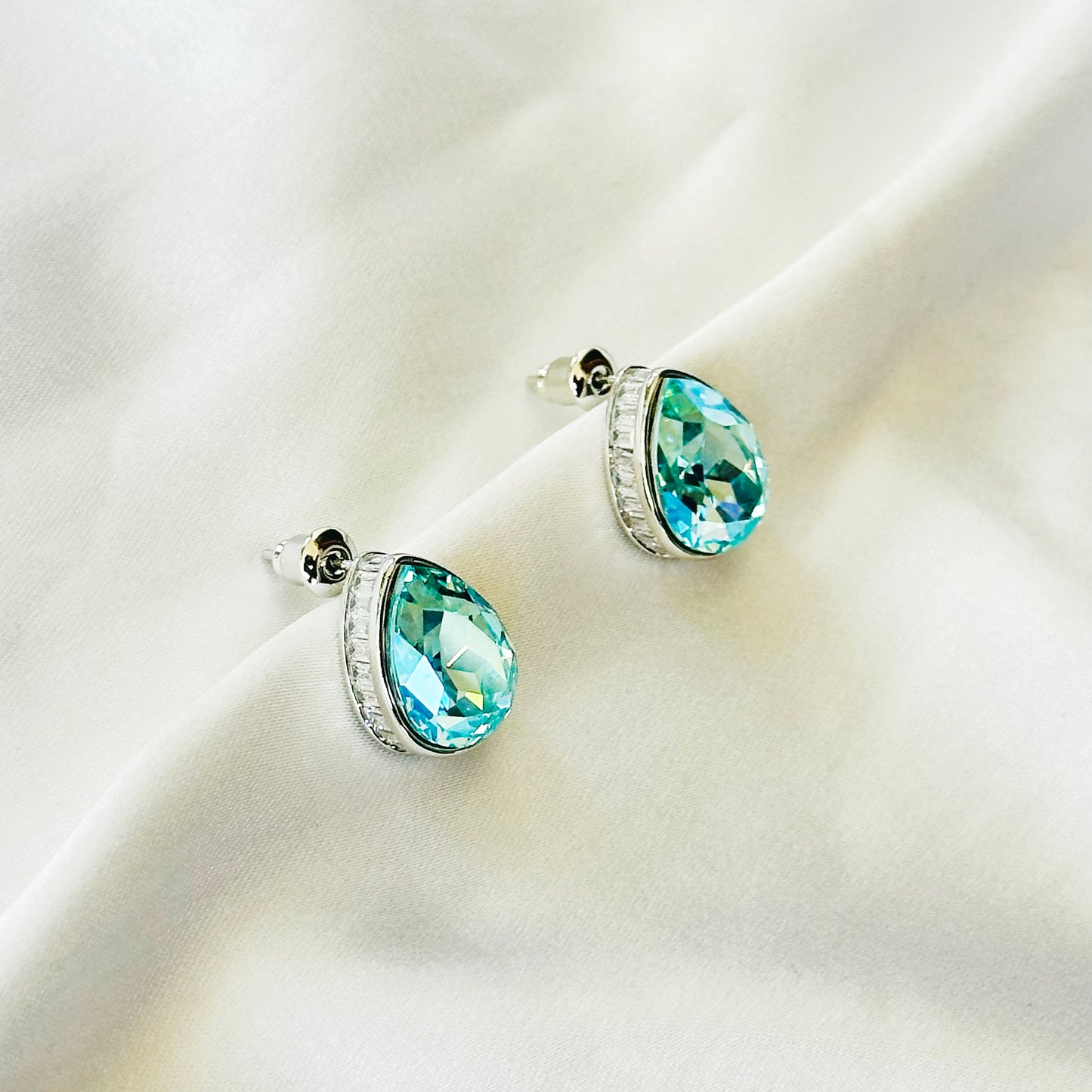 Aqua Blue Indicolite Swarovski Crystal Silver Plated Stud Earrings