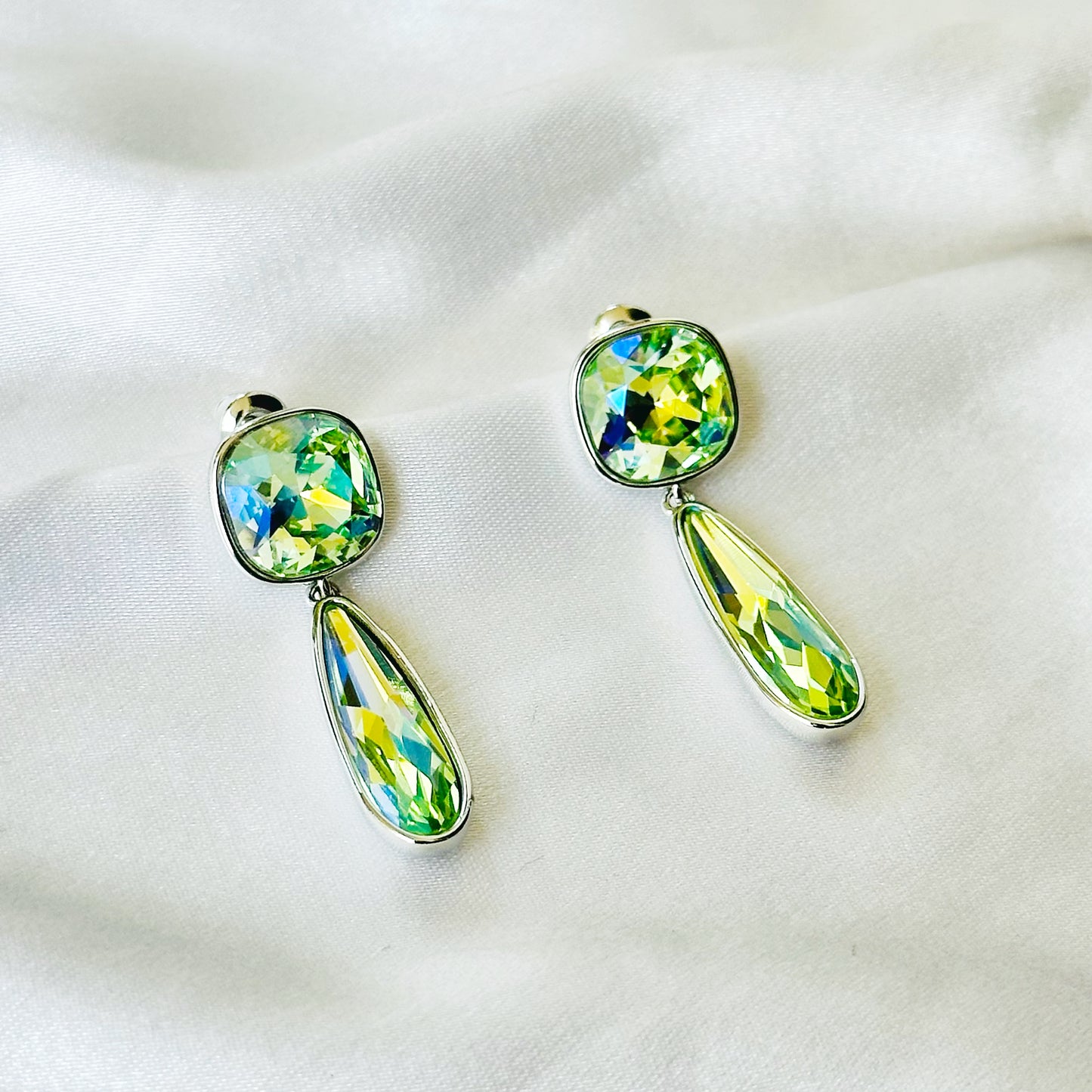 Green Peridot Swarovski Crystal Silver Plated Earrings