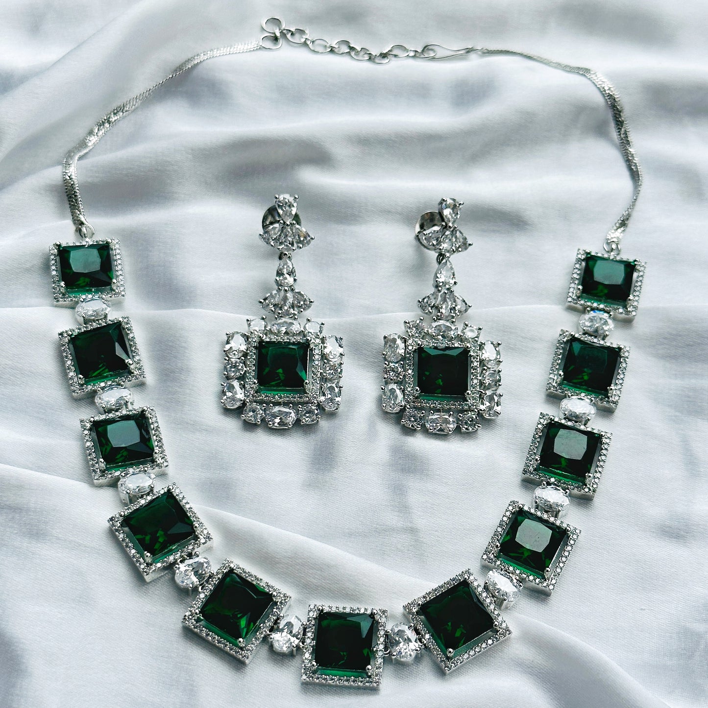 Green Emerald Cubic Zircon Stone American Diamond Silver Plated Necklace Set