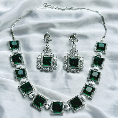 Green Emerald Cubic Zircon Stone American Diamond Silver Plated Necklace Set