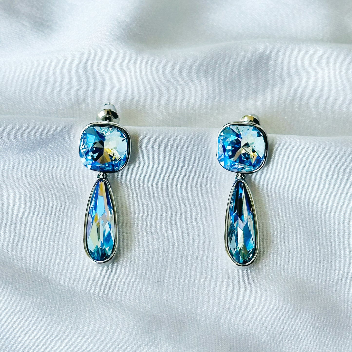 Aqua Blue Indicolite Swarovski Crystal Silver Plated Earrings