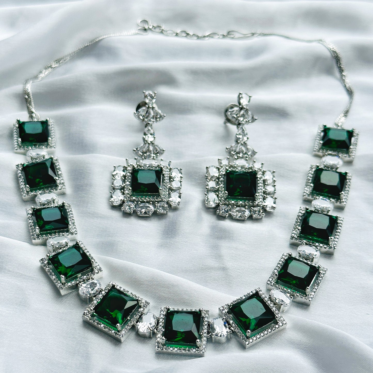 Green Emerald Cubic Zircon Stone American Diamond Silver Plated Necklace Set
