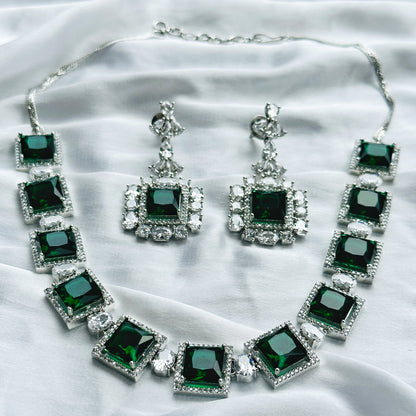 Green Emerald Cubic Zircon Stone American Diamond Silver Plated Necklace Set