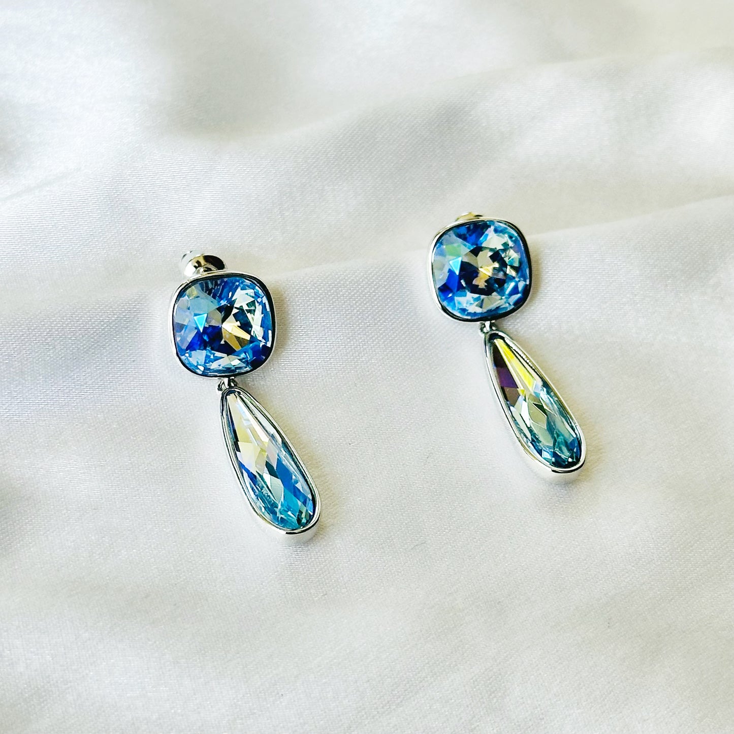 Aqua Blue Indicolite Swarovski Crystal Silver Plated Earrings