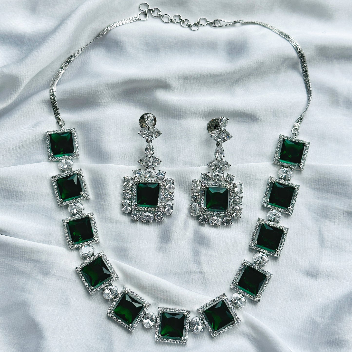 Green Emerald Cubic Zircon Stone American Diamond Silver Plated Necklace Set