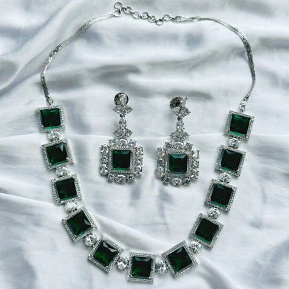 Green Emerald Cubic Zircon Stone American Diamond Silver Plated Necklace Set