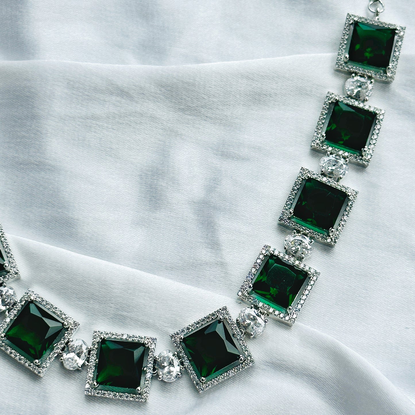 Green Emerald Cubic Zircon Stone American Diamond Silver Plated Necklace Set
