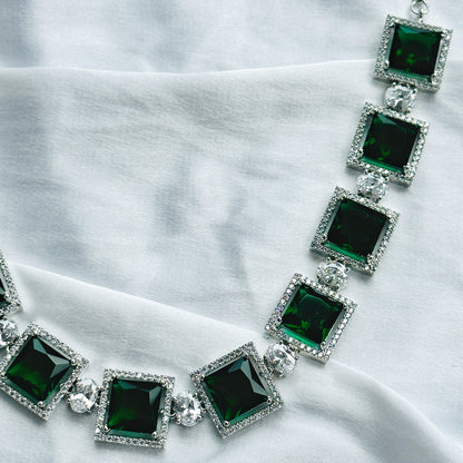 Green Emerald Cubic Zircon Stone American Diamond Silver Plated Necklace Set