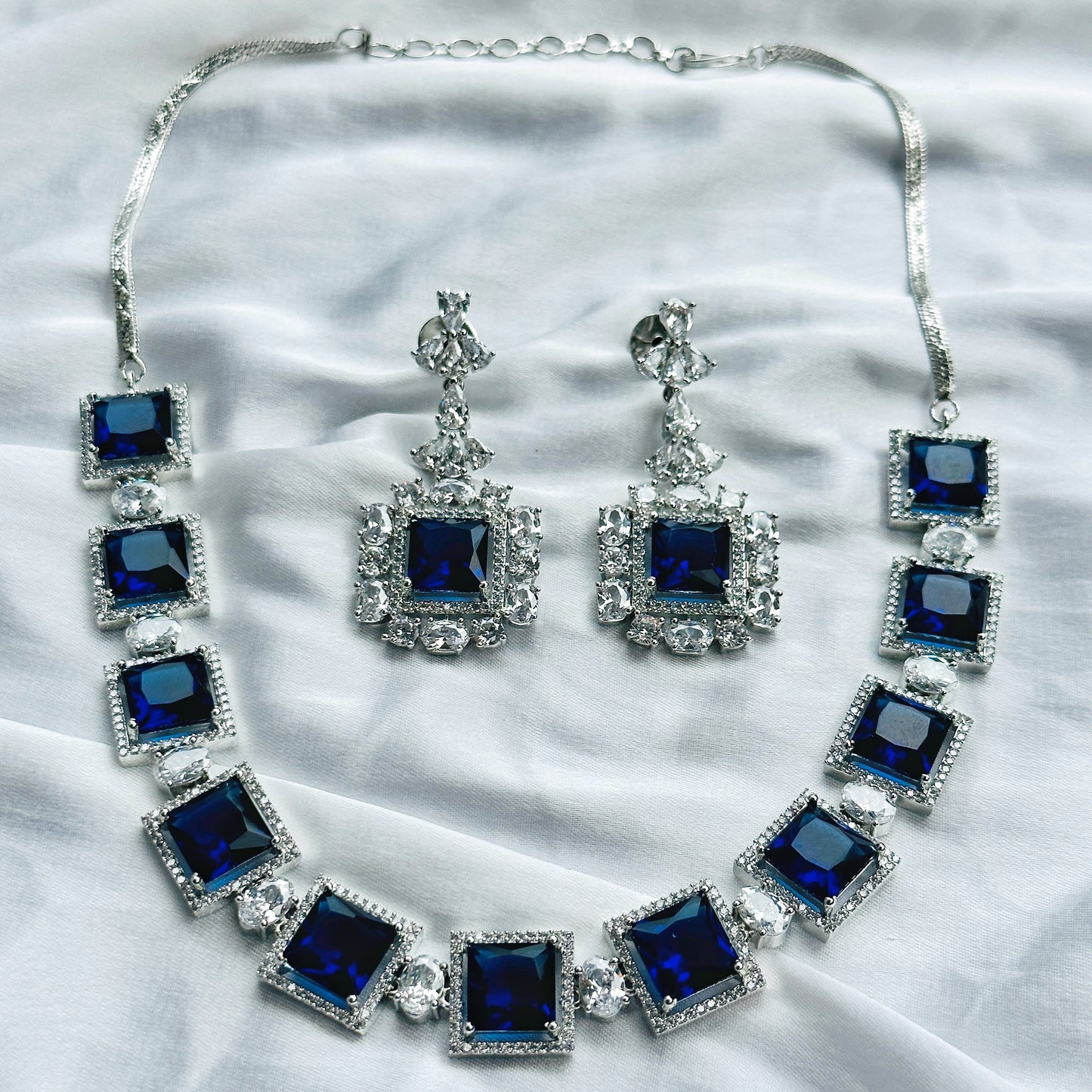 Blue Sapphire Cubic Zircon Stone American Diamond Silver Plated Necklace Set