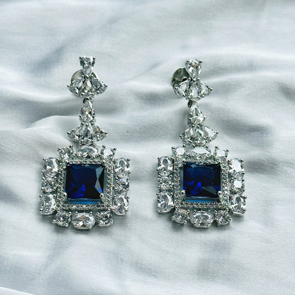 Blue Sapphire Cubic Zircon Stone American Diamond Silver Plated Necklace Set