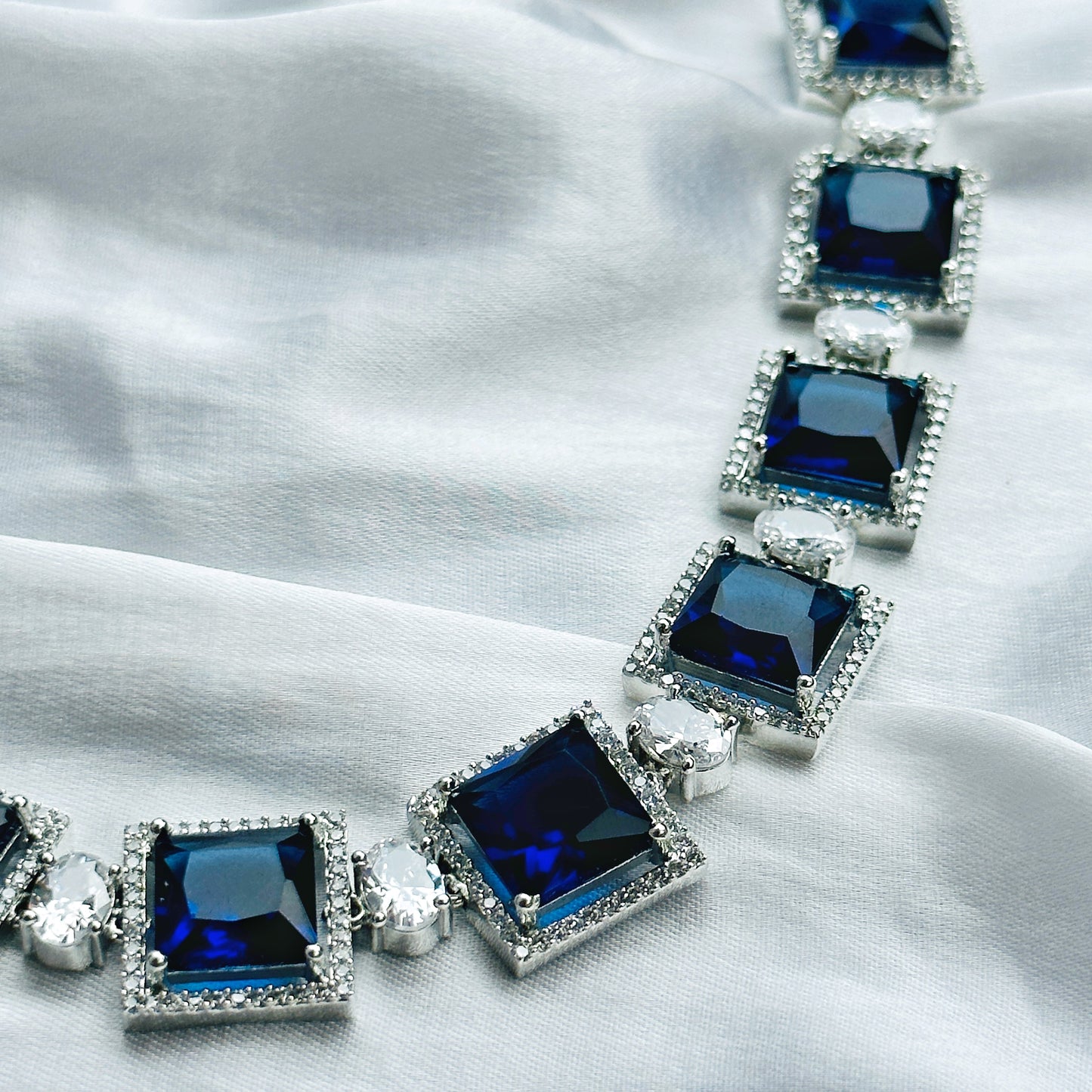 Blue Sapphire Cubic Zircon Stone American Diamond Silver Plated Necklace Set