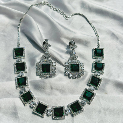 Green Emerald Cubic Zircon Stone American Diamond Silver Plated Necklace Set
