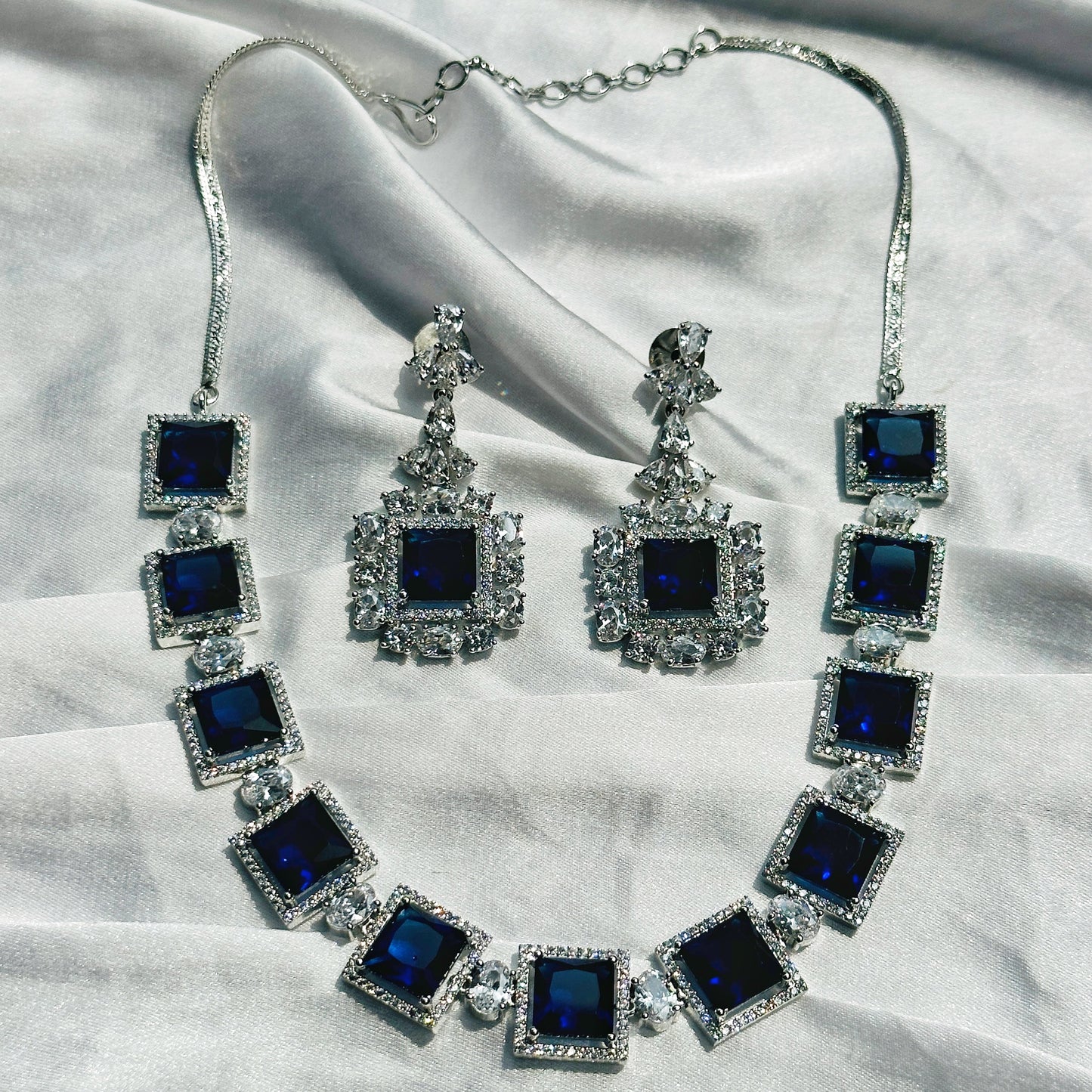 Blue Sapphire Cubic Zircon Stone American Diamond Silver Plated Necklace Set
