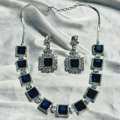 Blue Sapphire Cubic Zircon Stone American Diamond Silver Plated Necklace Set