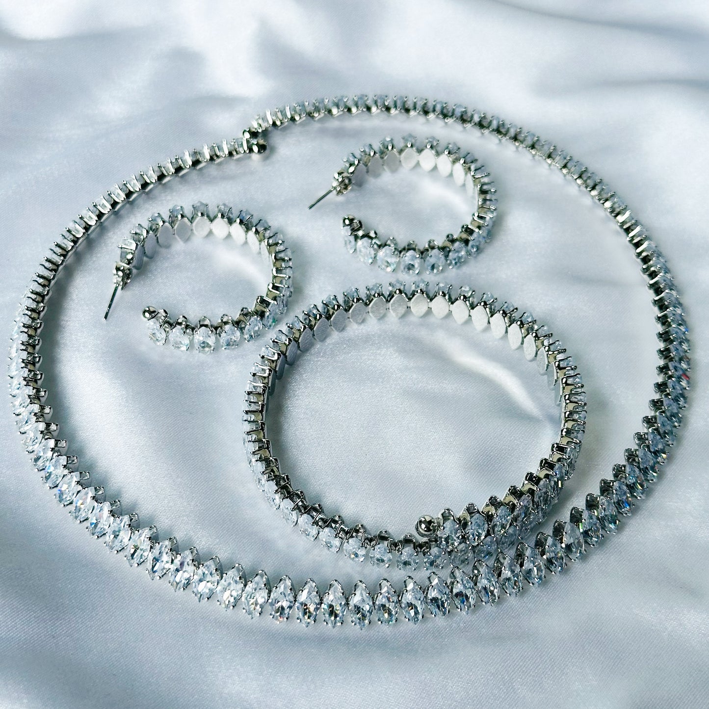 American Diamond Silver Plated Choker Necklace Set Combo