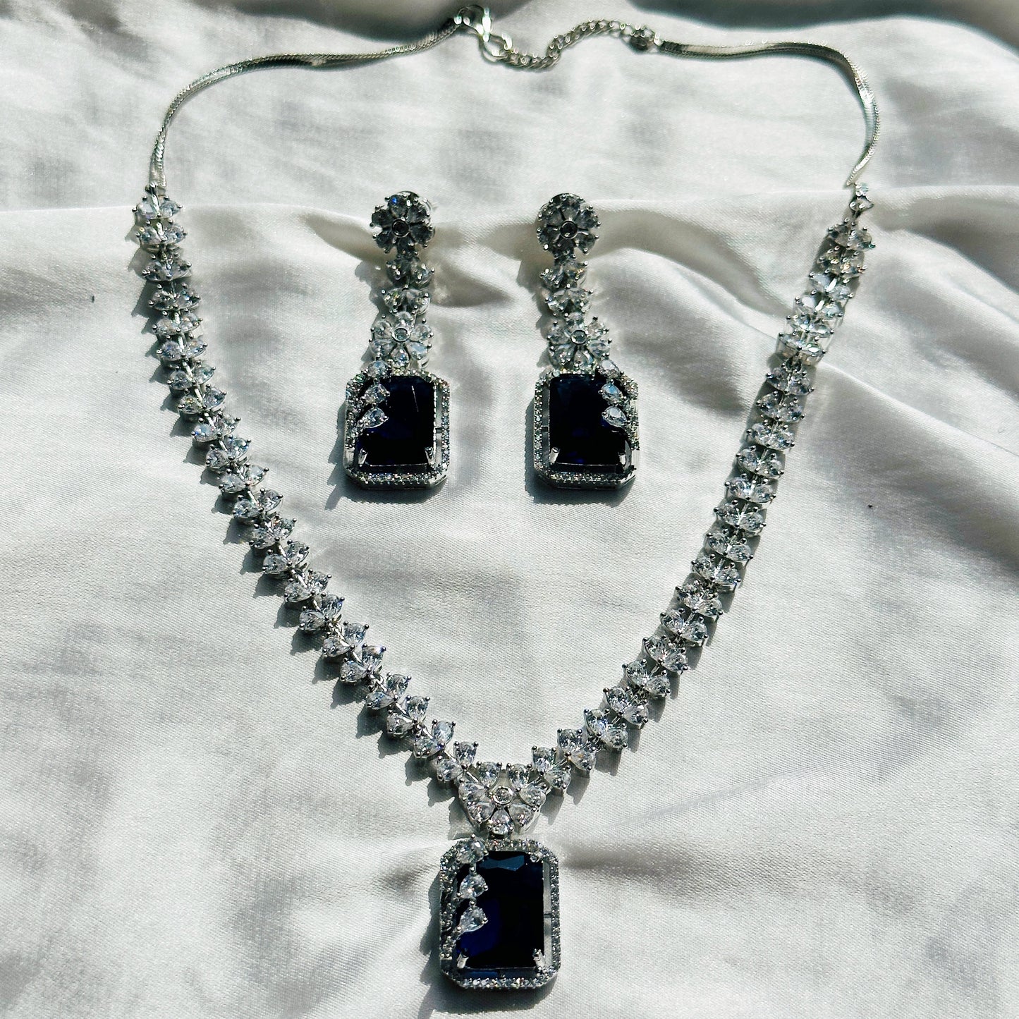 Blue Sapphire Cubic Zircon Stone American Diamond Silver Plated Necklace Set