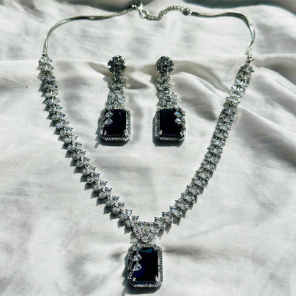 Blue Sapphire Cubic Zircon Stone American Diamond Silver Plated Necklace Set