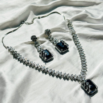 Blue Sapphire Cubic Zircon Stone American Diamond Silver Plated Necklace Set