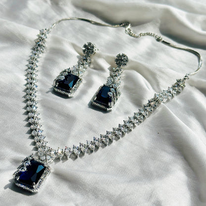 Blue Sapphire Cubic Zircon Stone American Diamond Silver Plated Necklace Set