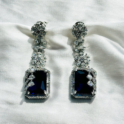 Blue Sapphire Cubic Zircon Stone American Diamond Silver Plated Necklace Set