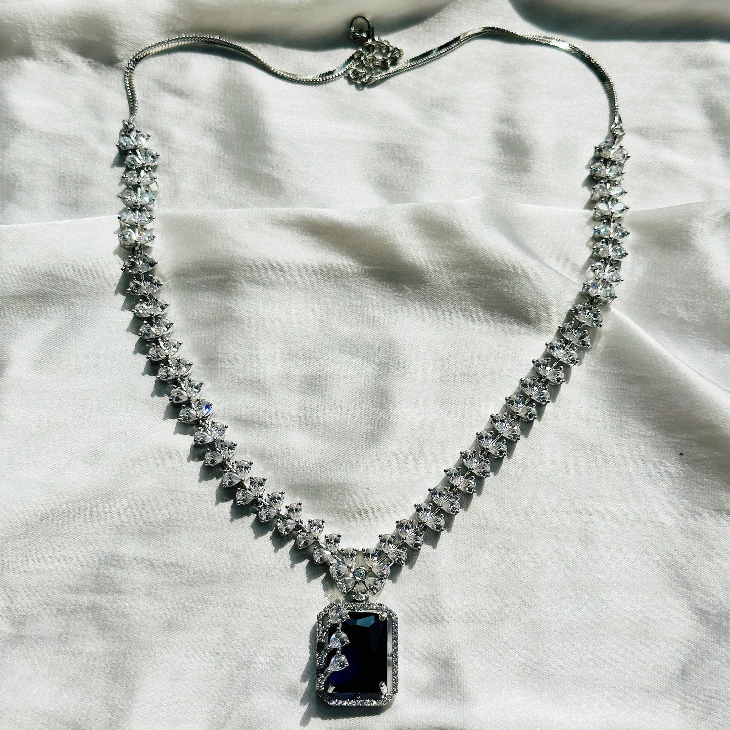 Blue Sapphire Cubic Zircon Stone American Diamond Silver Plated Necklace Set