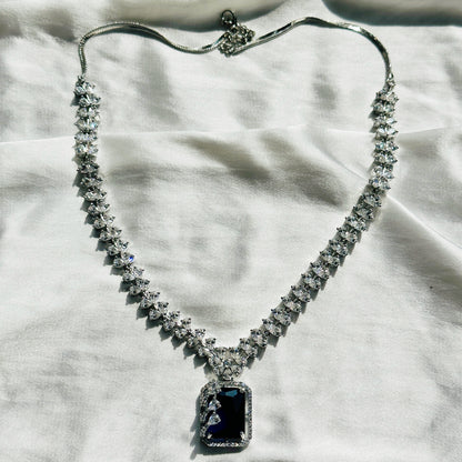 Blue Sapphire Cubic Zircon Stone American Diamond Silver Plated Necklace Set