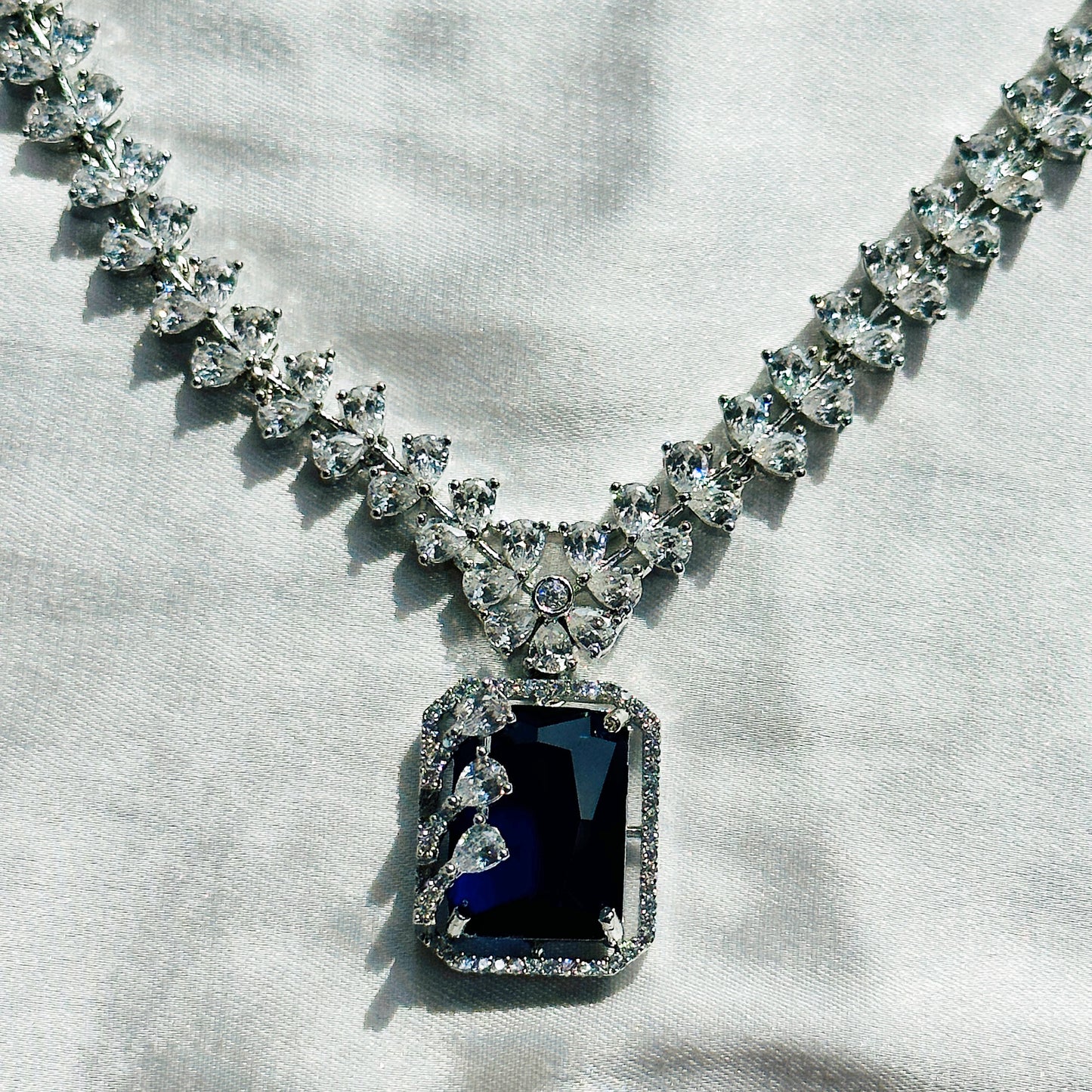 Blue Sapphire Cubic Zircon Stone American Diamond Silver Plated Necklace Set