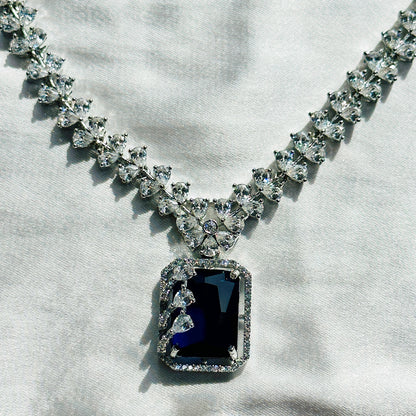 Blue Sapphire Cubic Zircon Stone American Diamond Silver Plated Necklace Set