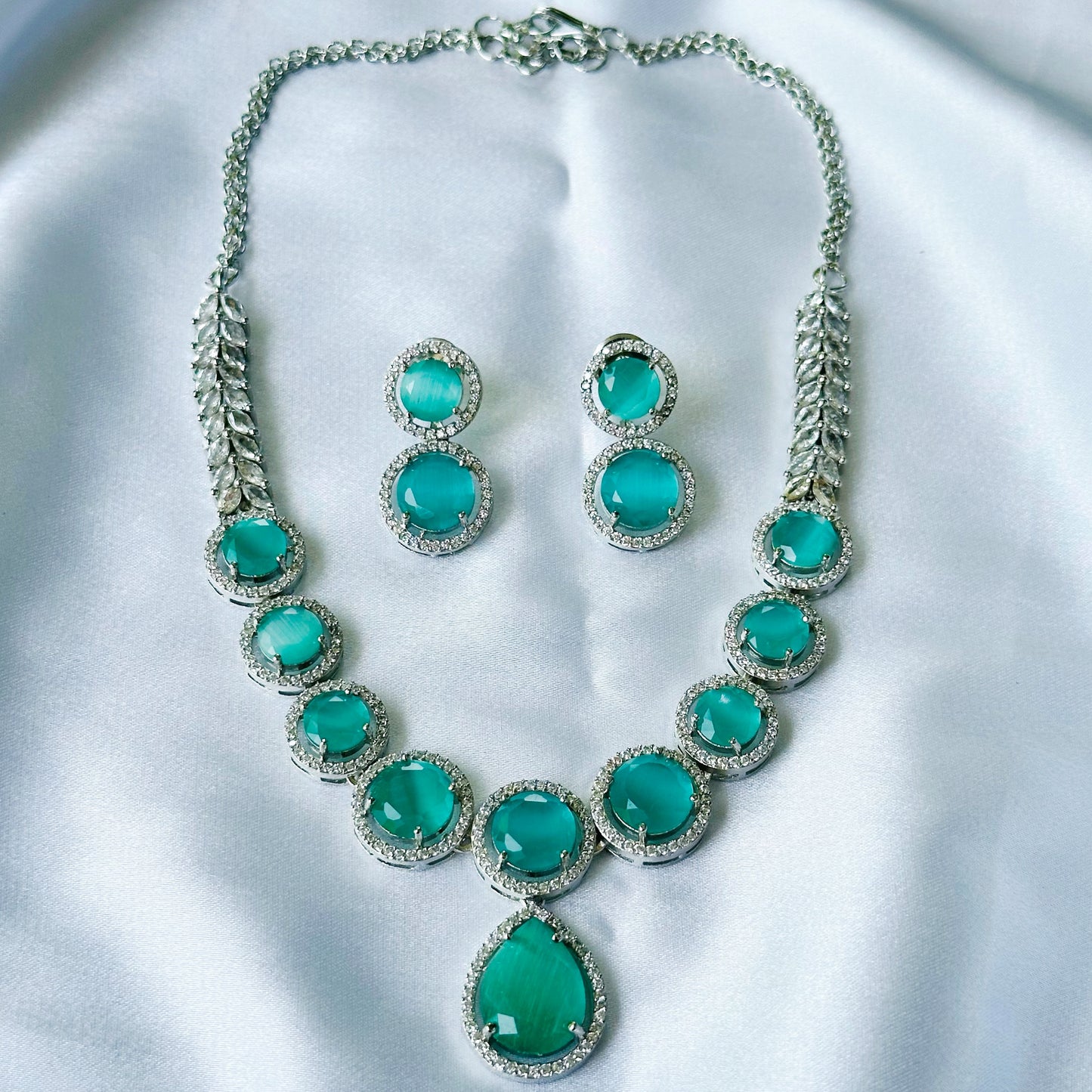 Mint Green Opal Cubic Zircon American Diamond Silver Plated Necklace Set