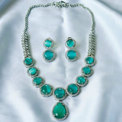 Mint Green Opal Cubic Zircon American Diamond Silver Plated Necklace Set