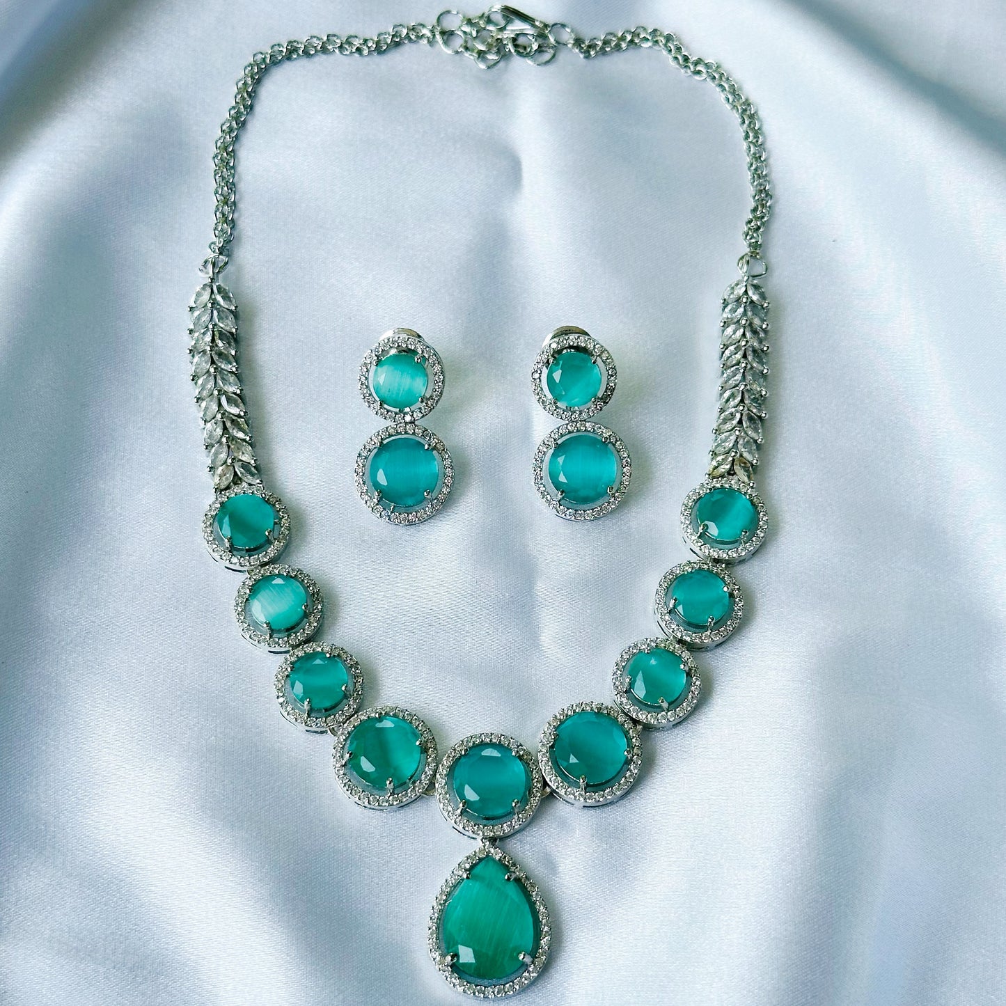 Mint Green Opal Cubic Zircon American Diamond Silver Plated Necklace Set
