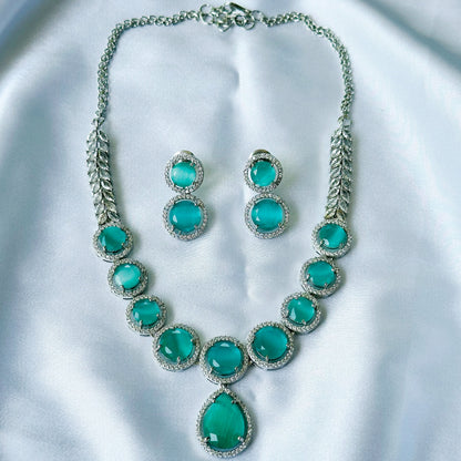 Mint Green Opal Cubic Zircon American Diamond Silver Plated Necklace Set