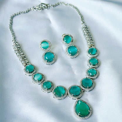 Mint Green Opal Cubic Zircon American Diamond Silver Plated Necklace Set