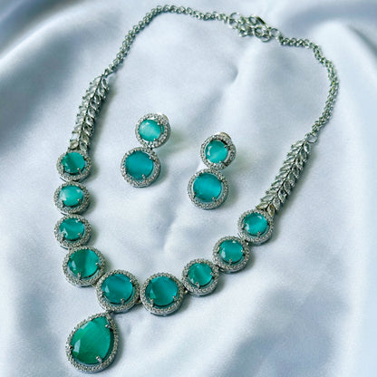 Mint Green Opal Cubic Zircon American Diamond Silver Plated Necklace Set