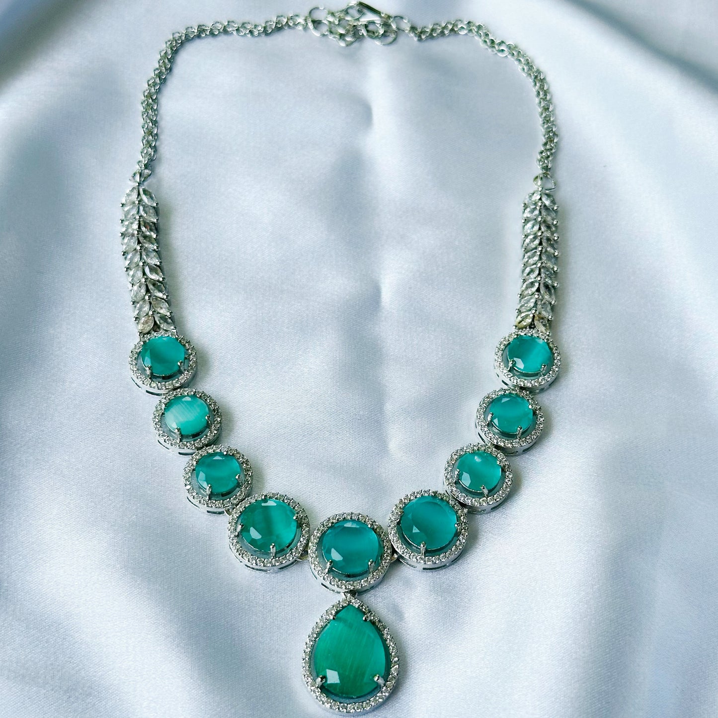 Mint Green Opal Cubic Zircon American Diamond Silver Plated Necklace Set