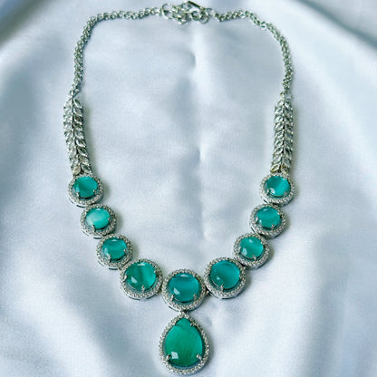Mint Green Opal Cubic Zircon American Diamond Silver Plated Necklace Set