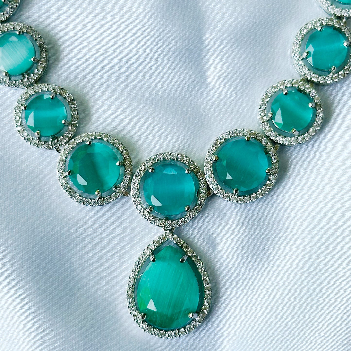 Mint Green Opal Cubic Zircon American Diamond Silver Plated Necklace Set