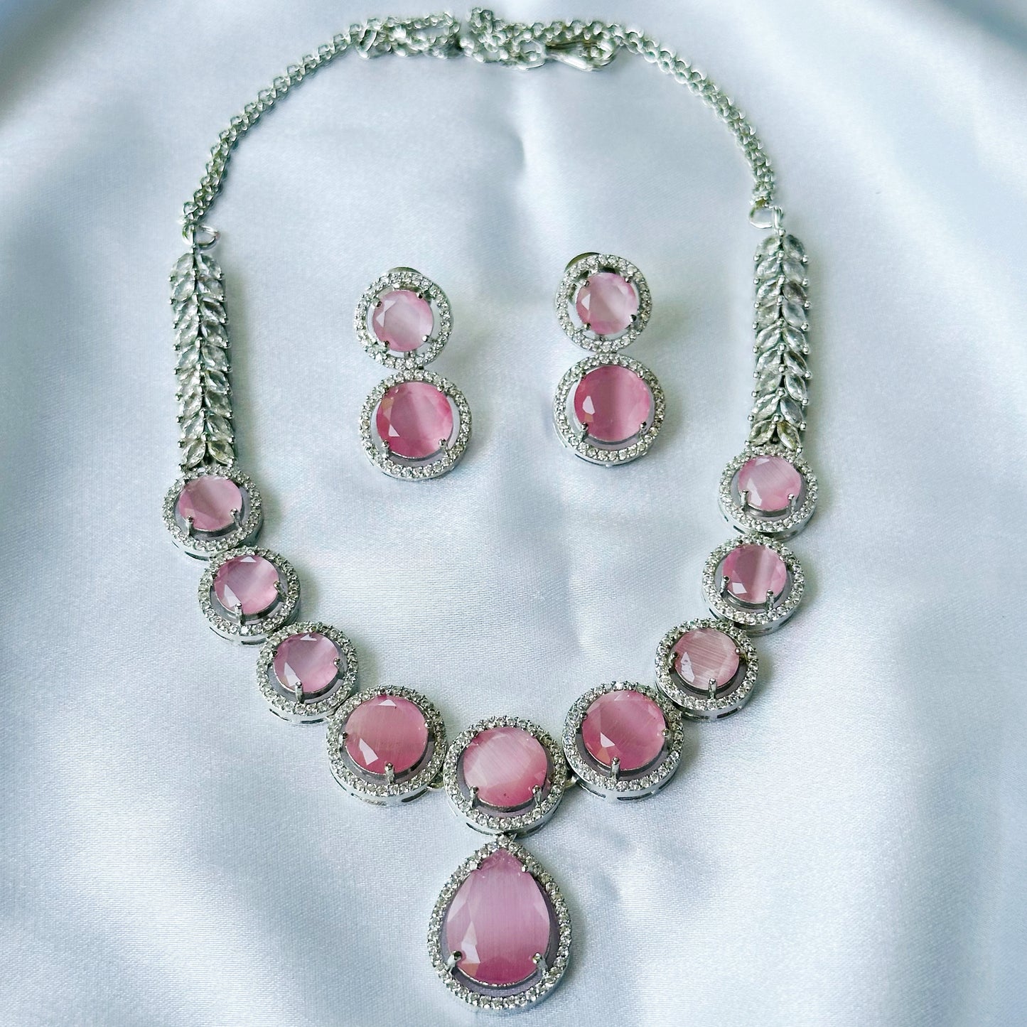 Pink Opal Cubic Zircon American Diamond Silver Plated Necklace Set