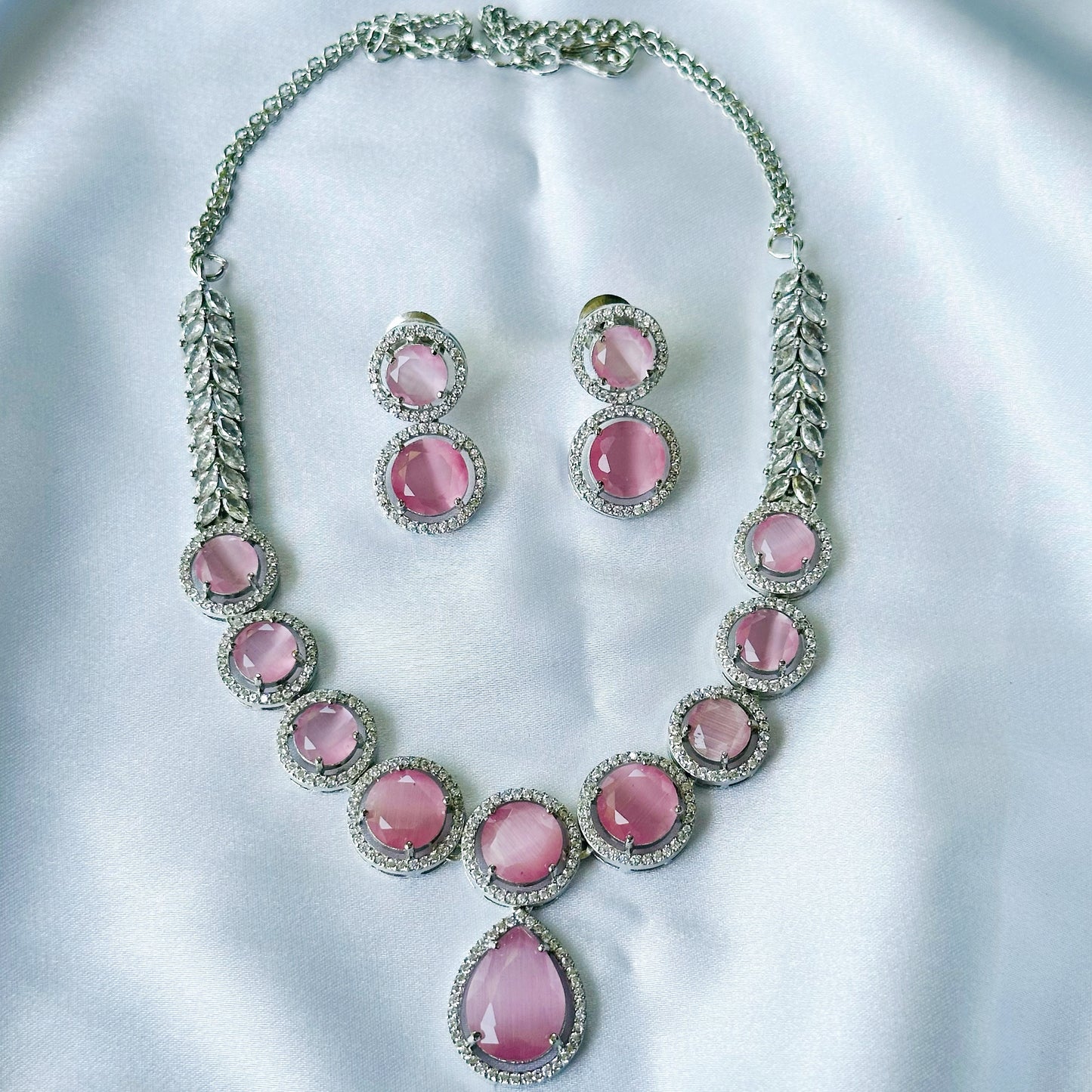 Pink Opal Cubic Zircon American Diamond Silver Plated Necklace Set