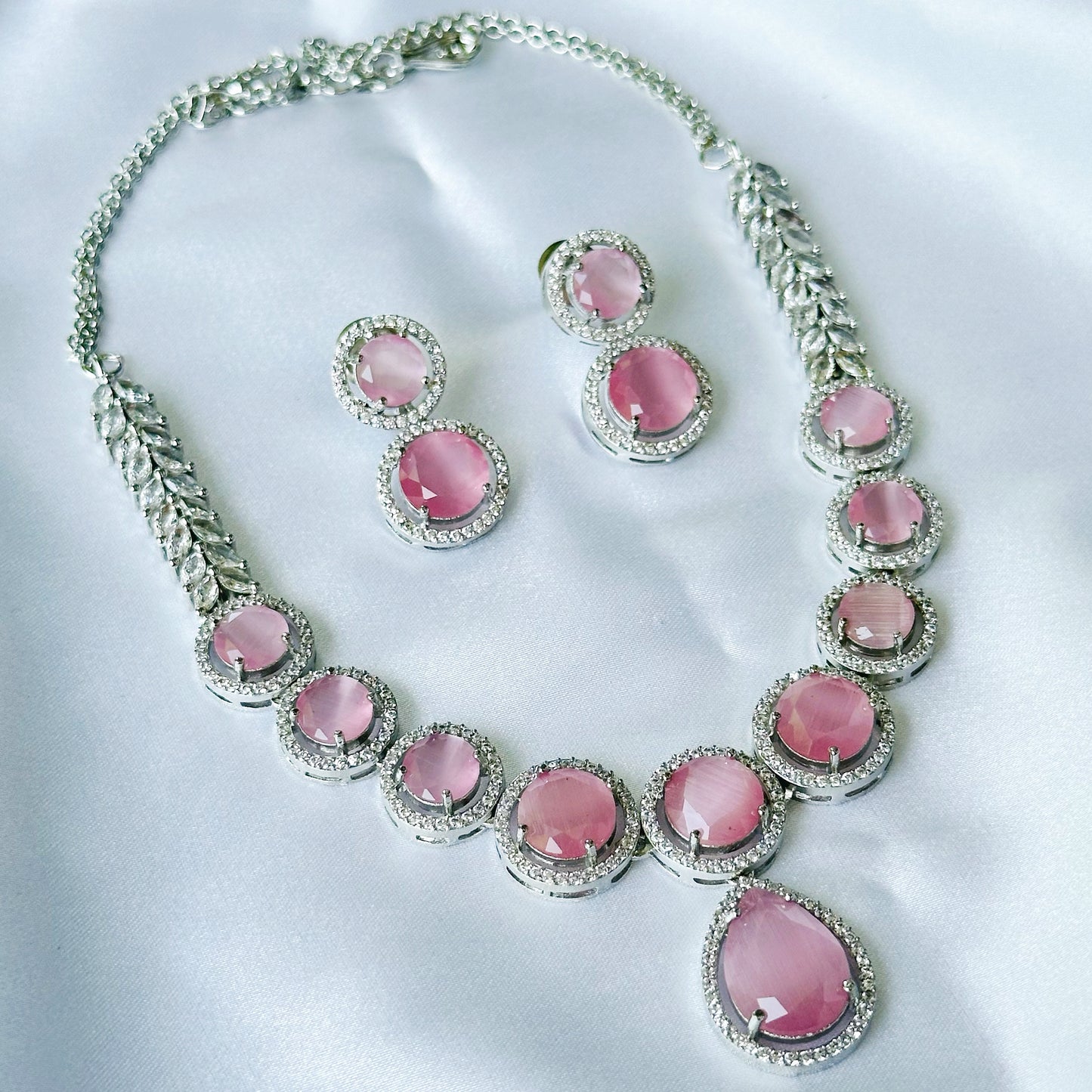 Pink Opal Cubic Zircon American Diamond Silver Plated Necklace Set