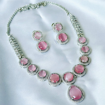 Pink Opal Cubic Zircon American Diamond Silver Plated Necklace Set