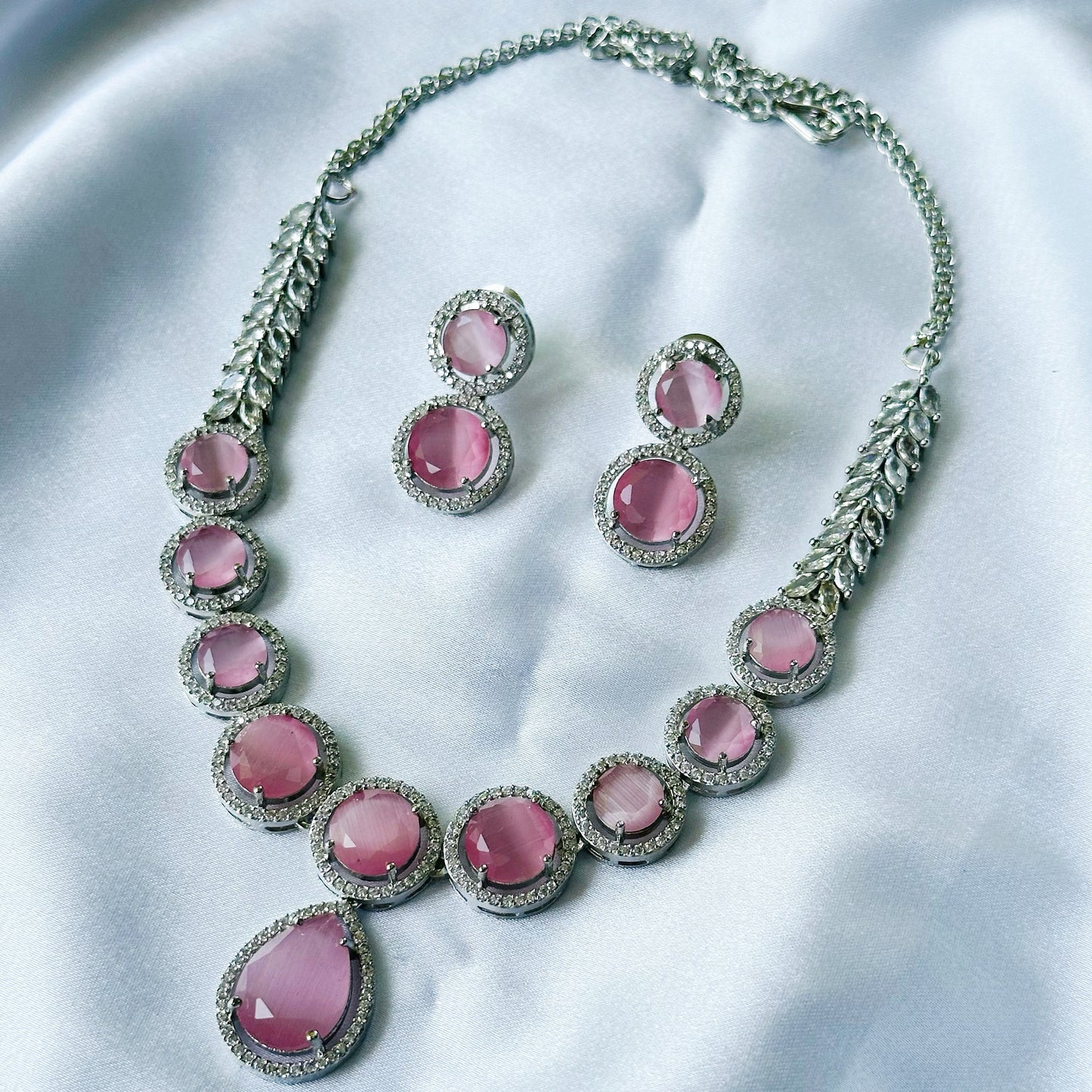 Pink Opal Cubic Zircon American Diamond Silver Plated Necklace Set