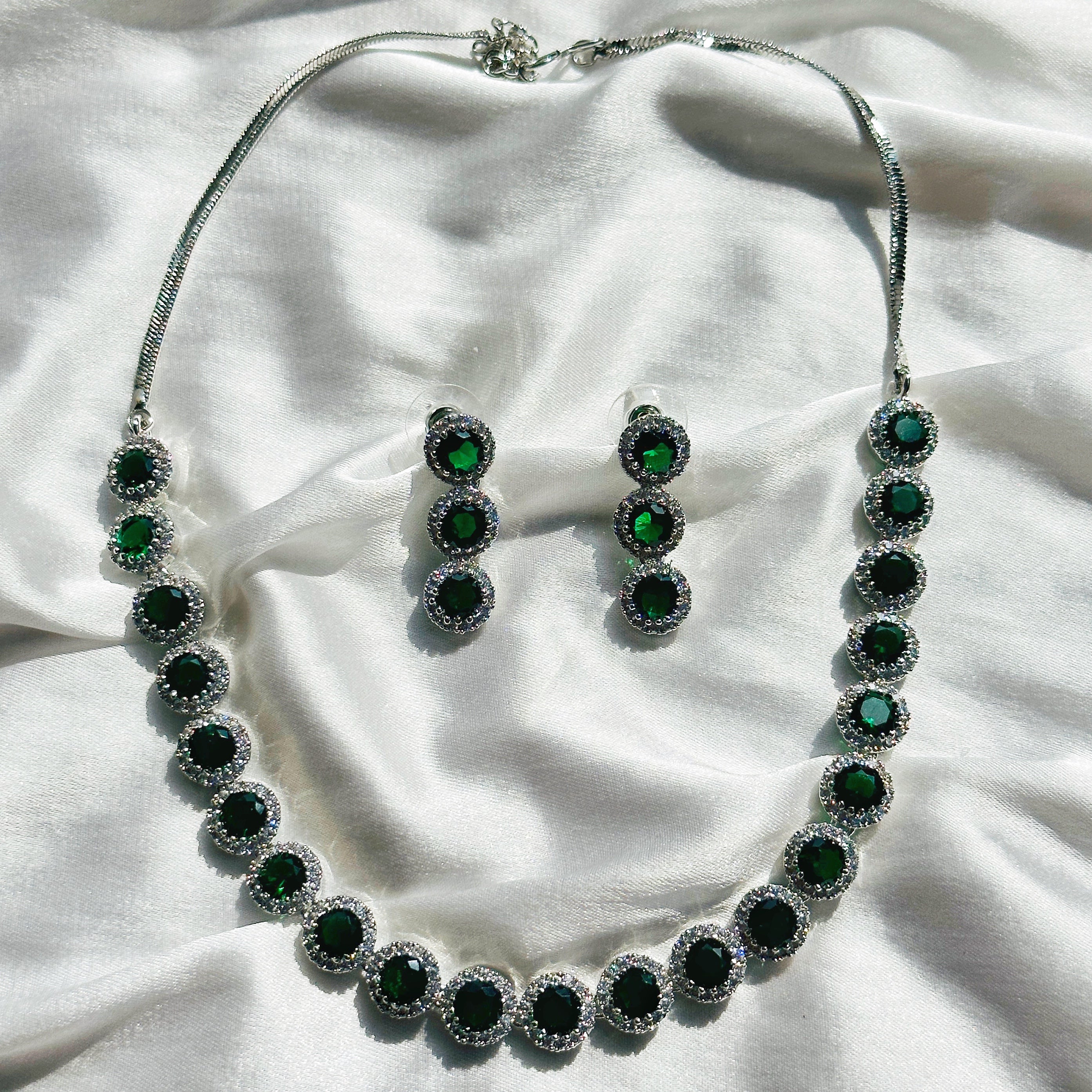 Green Emerald Cubic Zircon Stone American Diamond Silver Plated Necklace Set
